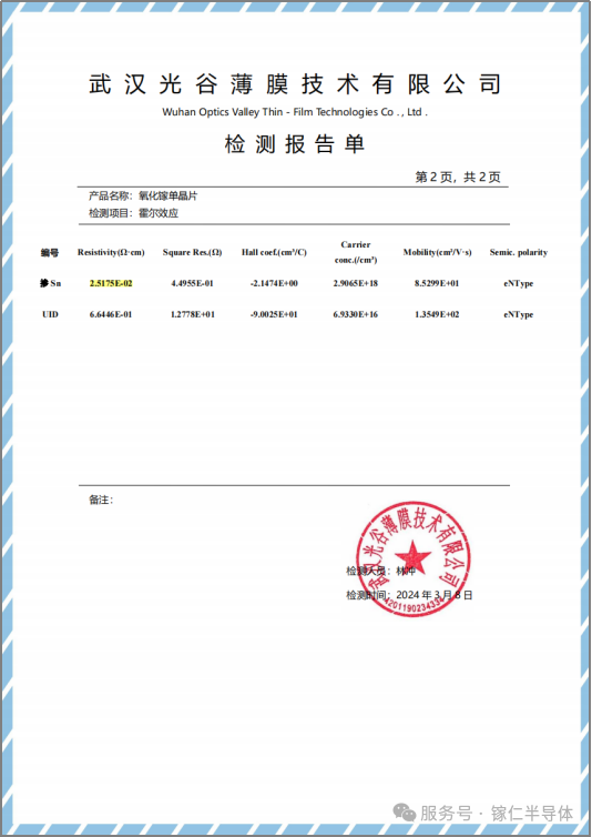 為鎵仁半導體氧化鎵單晶襯底出具的檢測報告